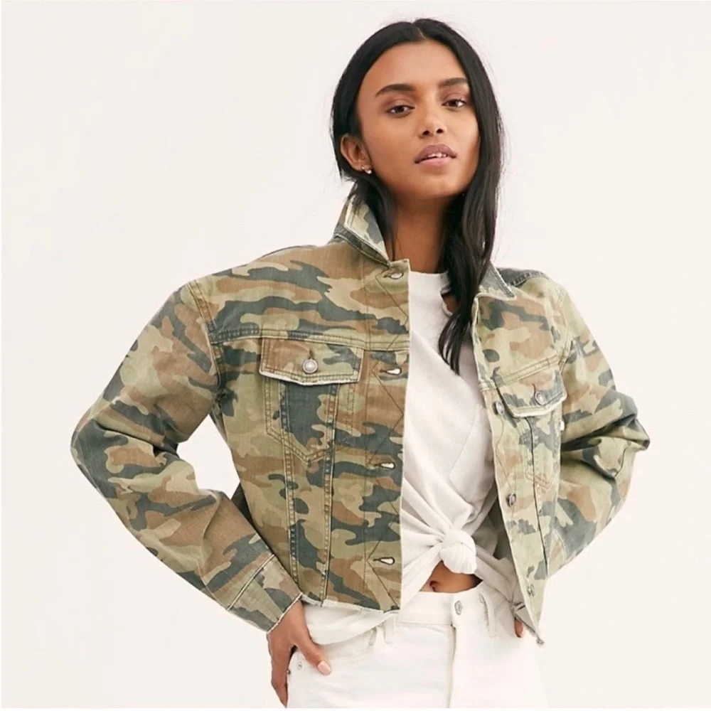 Free People Camo Cropped Jean Jacket in Green & Tan - Picture 9 of 13